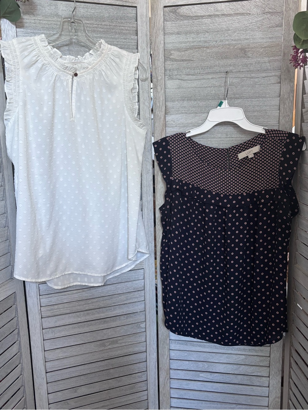 LOT OF 2 LOFT Sleeveless Blouses SZM White Swiss Dot & Navy Babydoll Polka Dot